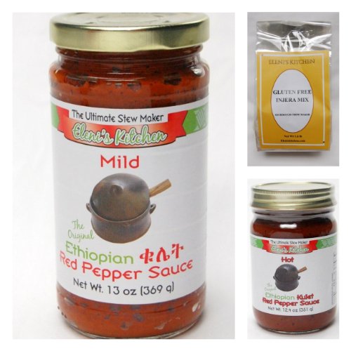 Eleni's Ethiopian Gluten Free Sampler Pack - 2 Jars Sauce, 1 Injera Mix