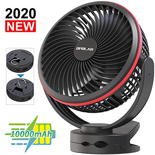10000mAh Battery Operated Clip On Fan with Hanging Hook, Super Strong Airflow, 4 Speeds, Sturdy Clamp, Timer, Portable Camping Fan for Desktop Tent Treadmill Golf Cart Hurricane, Long-lasting, 7 Inch