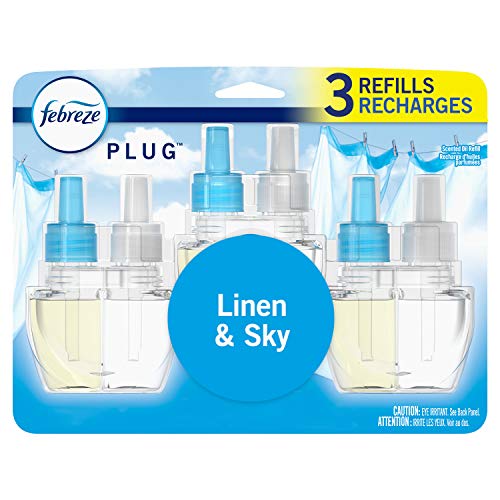 Febreze Plug in Air Freshener and Odor Eliminator, Scented Oil Refill, Linen & Sky, 3 Count