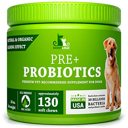 Buddy&Max Probiotics for Dogs - Chewable Dog Digestive Enzymes - Dog Diarrhea, Stomach, Vomit, Gas, Allergy Relief, Weight Support - Contains Prebiotics - Dog Probiotics Supplement - 130 Chews