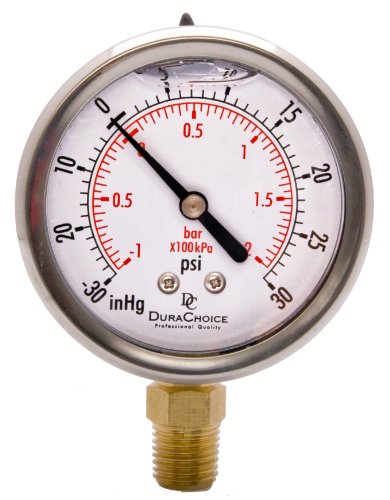 DuraChoice 2-1/2' Oil Filled Vacuum Pressure Gauge, Water Oil Gas - Stainless Steel Case, Brass, 1/4' NPT, Lower Mount Connection -30HG/30PSI