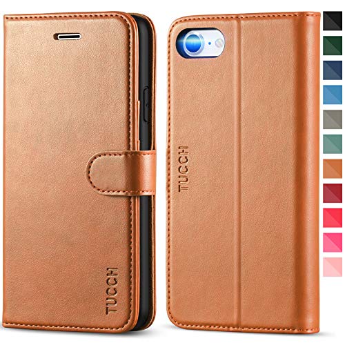 TUCCH iPhone SE 2020 Case, iPhone 8 Wallet Case, iPhone 7 Case, PU Leather Folio Stand Card Slot Magnetic Closure Flip Cover [TPU Shockproof Interior Case] Compatible with iPhone SE2/8/7, Light Brown