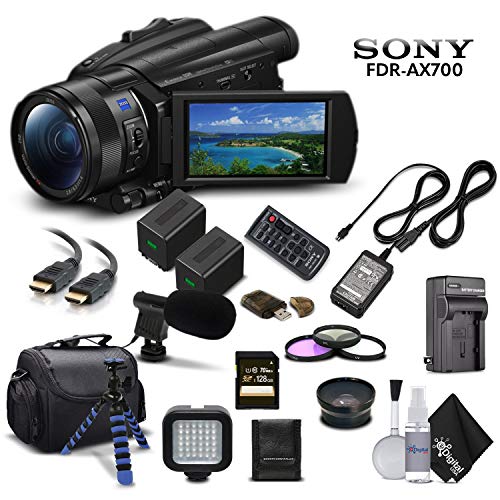 Sony Handycam FDR-AX700 4K HD Video Camera Camcorder + Extra Battery and Charger + 3 Piece Filter Kit + Wide Angle Lens + Case + Tripod and More - Advanced Bundle