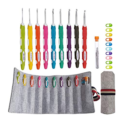 Ergonomic Crochet Hooks with Roll Felt Bag, 29pcs Crochet Hooks Set with Long Soft Grip Handle for Arthritic Hands, Size from B to J