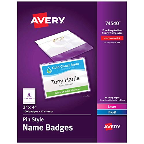 Avery Pin Style Name Badges, Print or Write, 3' x 4 ', Pins Securely, 100 Inserts & Pin Badge Holders (74540), White