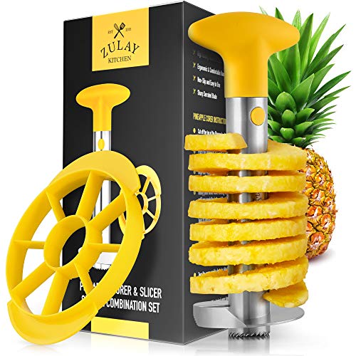 Zulay Pineapple Corer and Slicer Tool Set - Heavy Duty Stainless Steel Pineapple Cutter - Included Pineapple Slicer For Ready To Eat Wedges Saves Time and Effort (Yellow)