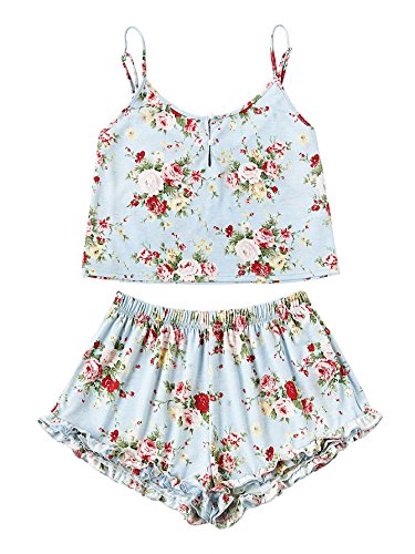 SheIn Women's Summer Floral Print Cami Top and Shorts Pajamas Set Large Blue