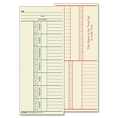 TOPS Time Cards, Weekly, 2-Sided, Named Days, 3-3/8' x 8-1/4', Manila, Green/Red Print, 500-Count (1260)