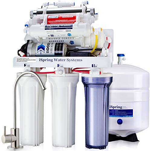 iSpring RCC1UP-AK 100GPD Under Sink 7-Stage Reverse Osmosis RO Drinking Filtration System and Ultimate Water Softener with Alkaline Remineralization, Booster Pump and UV Ultraviolet Filter