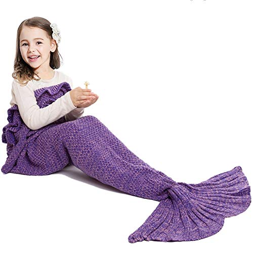 JR.WHITE Mermaid Tail Blanket for Kids Adult,Hand Crochet Snuggle Mermaid,All Seasons Seatail Sleeping Bag Blanket (Purple)