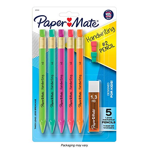 Paper Mate Handwriting Triangular Mechanical Pencil Set with Lead & Eraser Refills, 1.3 mm, Pencils for Kids in Fun Barrel Colors, 5 Count