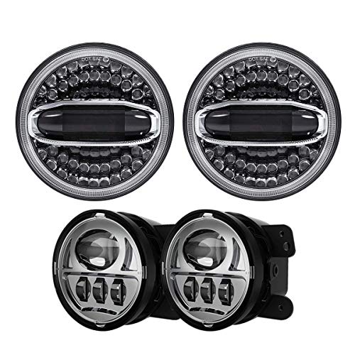 GXENOGO LED Headlight Fog Light Combo, 7 inch Black Headlamp and 4 inch Fog Light with DRL Halo, Compatible with Jeep Wrangler Unlimited JK 4 Door, 07-'18 Wrangler JK 2 Door