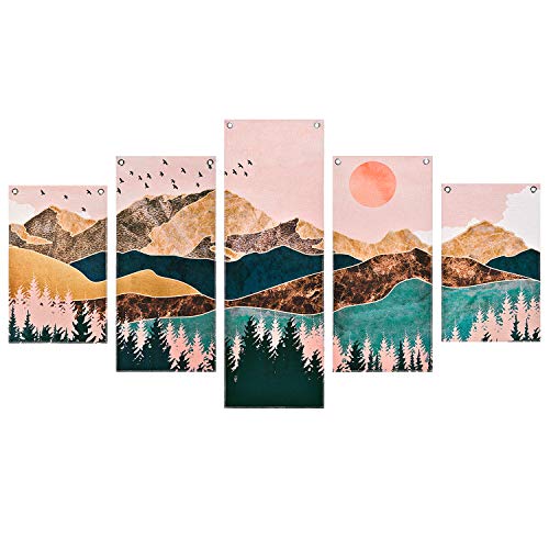 Mountain Painting Prints Wall Art, 5 Piece Frameless Nature Landscape Tree Picture Art Print, Sunset Forest Painting Prints with 10 Nails, for Bedroom, Hall, Living Room