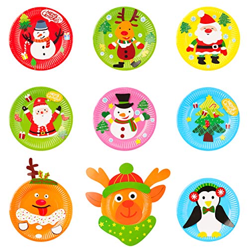 MALLMALL6 9Pcs Christmas Paper Plate Art Kits for Kids Theme Educational DIY Craft Card Parent-Child Activity Early Learning Art Project Classroom Party Supplies for Preschool Toddler Boys Girls