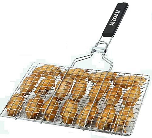 AIZOAM Portable Stainless Steel BBQ Barbecue Grilling Basket for Fish,Vegetables, Steak,Shrimp, Chops and Many Other Food .Great and Useful BBQ Tool.-Bonus an Additional Sauce Brush.