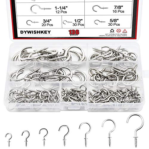 Cup Screw Hooks for Hanging, DYWISHKEY 136PCS 7 Sizes Cup Hooks Kit, Nickel Plated Screw-in Cup Hooks for Home, Office and Workplace (1/2', 5/8', 3/4', 7/8', 1'', 1-1/4', 1-1/2')