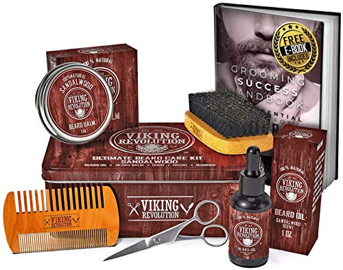 Beard Care Kit for Men- Sandalwood- Ultimate Beard Grooming Kit includes 100% Boar Beard Brush, Wood Beard Comb, Sandalwood Beard Balm, Sandalwood Beard Oil, Beard & Mustache Scissors- Metal Gift Box