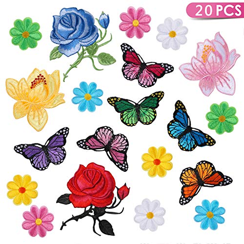 Kissbuty 20 Pcs Flowers Butterfly Iron on Patches Sew on Embroidery Applique Patches for Arts Crafts DIY Decor, Jeans, Jackets, Clothing, Bags(Rose/Lotus/Sun Flower/Butterfly Decorative Patch)