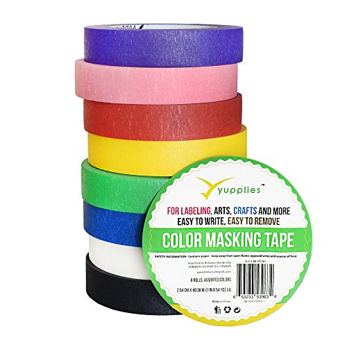 Colored Masking Tape Variety Pack - Arts & Crafts Supplies, Labeling, Classroom Decorations or Kids Activities - Set of Colored Tape, Including Yellow, Black, Red - 8 Pack - 1 Inch x 54 Yards