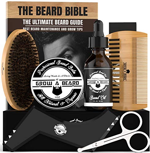 Beard Kit 6-in-1 Grooming Tool | Best Mustache & Beard Care Set For Men | Natural Balm, Unscented Oil, Boar Bristle Brush, Wood Comb, Trimming Scissors, Shaper Template | Great Male Gift Idea