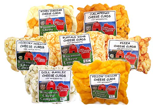 Wisconsin Cheese Company, Wisconsin Classic Cheese Curd Sampler - Mixed, Garlic Dill, Jalapeno, Yellow, Buffalo Wing, Ranch and Hickory Hollow (Smoked) Cheese Curds