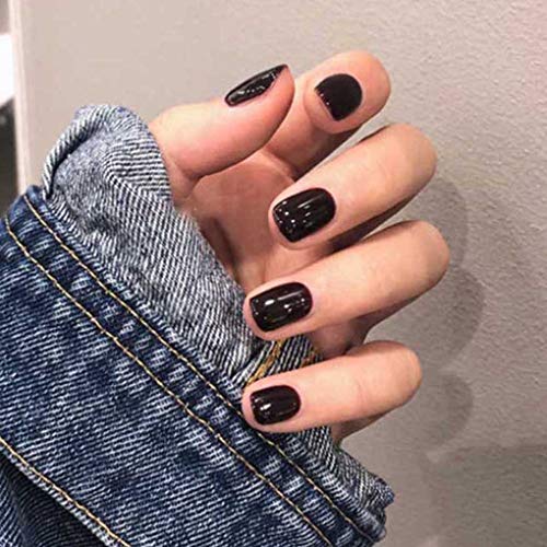 Aularso Glossy Press on Nails Short Square Fake Nails Full Cover Artificial False Nails for Women and Girls (Black)