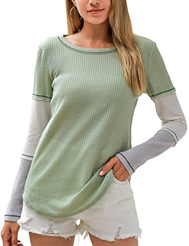 Blooming Jelly Womens Waffle Knit Shirt Long Sleeve Round Neck Color Block Tops Casual Cute Tshirts(L,Green)