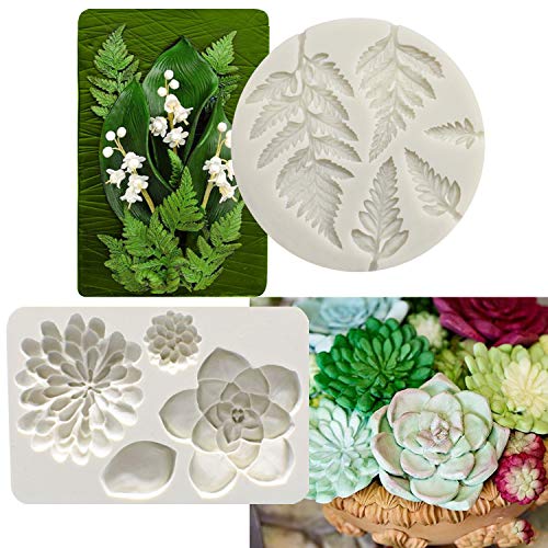 2PCS Fondant Mold Succulent Silicone Fondant Mold Fern Fondant Mold Succulent Leaves Silicone Candy Molds Cake Decoration Molds Gumpaste 3D Silicone Molds for Polymer Clay, Cupcakes, Resin Sugarcraft