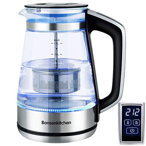 Electric Kettle, Bonsenkitchen Glass Tea Kettle, 1500W Fast Heating Variable Temperature Control Water Boiler, 1.7L Cordless Water Heater with LED Indicator Light, Keep Warm, Shut-Off & Boil-Dry Protection