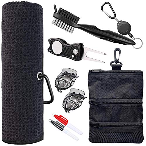Golf Towel and Tool Accessories Bag KIT - Comes with a Golf Towel, Golf Club Cleaner, Divot Repair Tool, Golf Club Brush, Golf Ball Marker. This are The Perfect Golf Accessories for Men and Women.