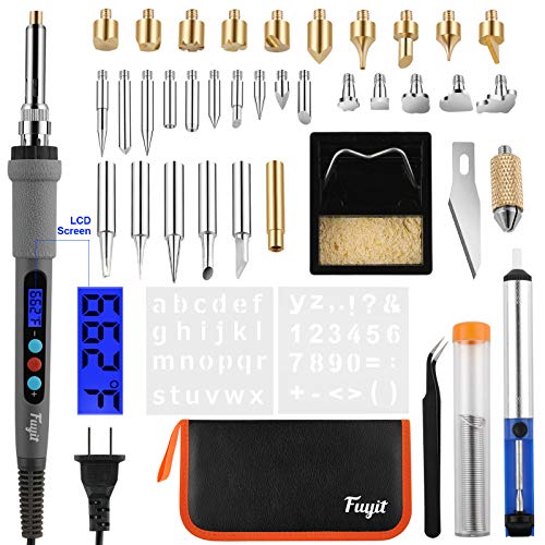 Fuyit 42Pcs LCD Wood Burning Kit, Pyrography Pen with Various Temperature Control, Wood Burner Craft Tools for Wood Burning, Soldering, Carving, Embossing (110V, 60W)