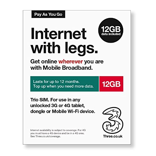 Three Mobile Pay As You Go Mobile Broadband 12 GB Data SIM