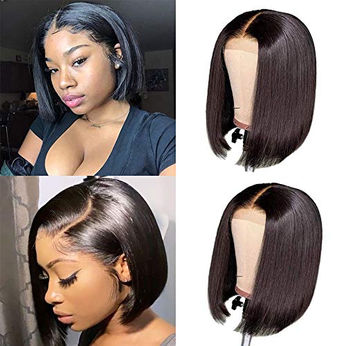 Short Bob Wigs Human Hair Lace Closure Wigs 12Inch Original Queen Brazilian Virgin Human Hair Straight Bob lace Front Wigs For Black Women Pre Plucked with Baby Hair Natural Color