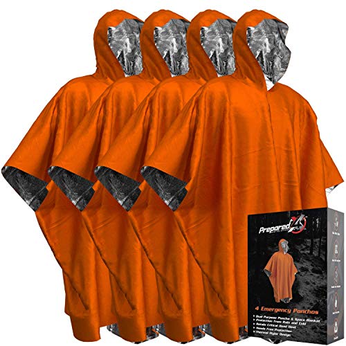 Emergency Blanket Poncho - Keeps You and Your Gear Dry and Warm | Survival Gear and Equipment for Outdoor Activity | Camping and Hiking Gear | Thermal Mylar Space Rain Ponchos | 4 Pack (Orange)