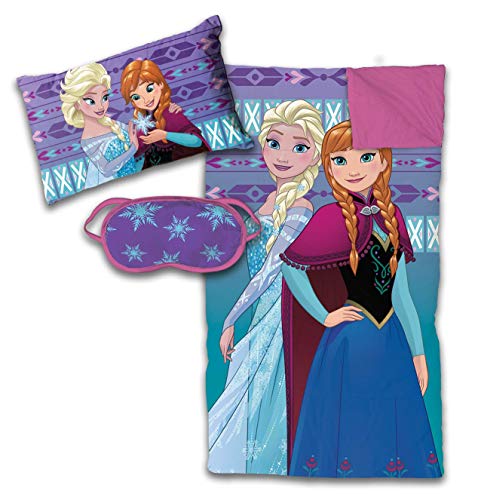 Disney Frozen 3 Piece Sleepover Set - Cozy & Warm Kids Slumber Bag with Pillow & Eye Mask Featuring Elsa and Anna (Official Disney Product)