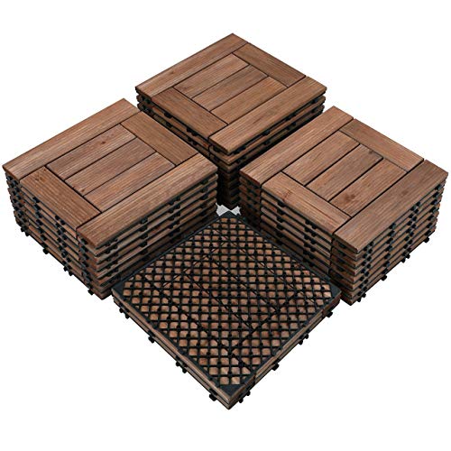 Yaheetech 27PCS Wood Flooring Decking Deck Tiles Interlocking Patio Pavers Dance Bathroom Shower Floor Tiles Solid Wood and Plastic Indoor Outdoor 12 x 12in Brown (Renewed)