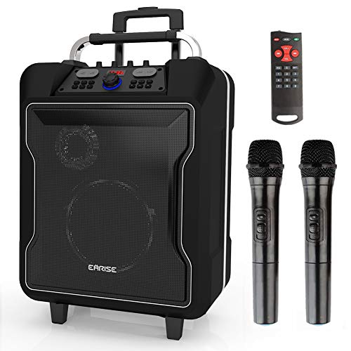 EARISE M60 Portable PA System Bluetooth Loudspeaker with 2 Wireless Microphone,10' Subwoofer, Remote Control, Aux Input, Soft Metal, LED Display, Telescoping Handle, USB Charging & Wheels, Black