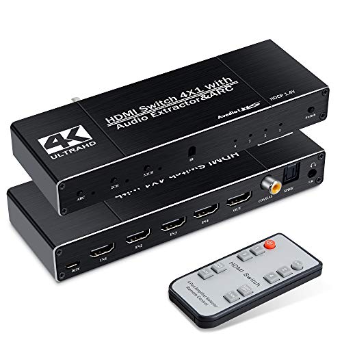 avedio links 4K HDMI Switch Audio Extractor 4K@60Hz, HDMI Multi Port Switch with Remote, 4 Port 4x1 HDMI Switch Box 4 in 1 out, HDMI Selector Switch with Optical/Coaxial/3.5mm Audio Out, Support DTS-H