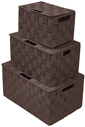 Sorbus Storage Box Woven Basket Bin Container Tote Cube Organizer Set Stackable Storage Basket Woven Strap Shelf Organizer Built-in Carry Handles (Lid Bins - 3 Pack, Chocolate)