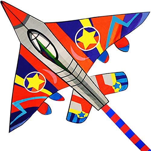 HONBO Huge Fighter Plane Kite for Kids and Adults- 58” Wide with Long Tail- Easy Flyer - Kit Line and Swivel Included-