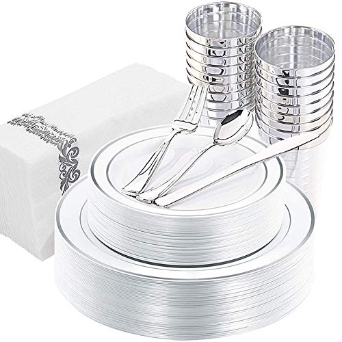 WDF 175PCS Silver Plastic Plates with Disposable Plastic Silverware&Cups &Hand Napkins, Silver Rim Plastic Tableware include 25 Dinner Plates,25 Salad Plates,25 Forks, 25 Knives, 25 Spoons, 25 Tumbler