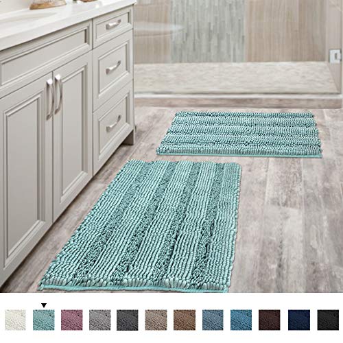 Non Slip Thick Shaggy Chenille Bathroom Rugs, Bath Mats for Bathroom Extra Soft and Absorbent - Striped Bath Rugs Set for Indoor/Kitchen (Set of 2-20' x 32'/17' x 24') Eggshell Blue