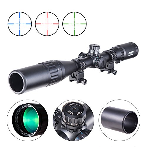 Pinty 4-16X40 Rifle Scope AO Red Green Blue Illuminated Mil Dot with Flip-Open Covers, Sunshade Tube
