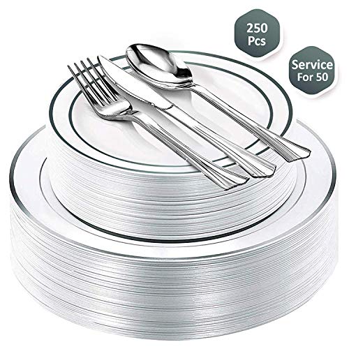 Fancy Party Disposable Plastic Plates - With Cutlery - 250 Piece Combo Set| 50x 10.25' + 50x 7.5' Real China Silver Rim Plates +50 Spoons +50 Forks +50 Knives Silverware | Premium Heavy Duty By Lendra