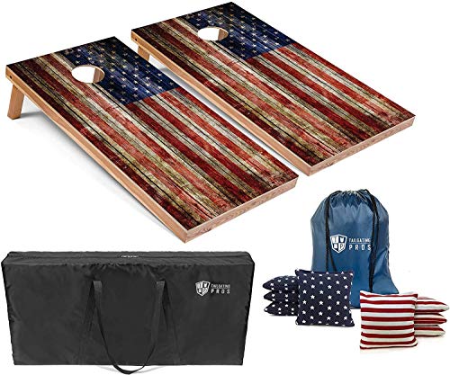 Tailgating Pros Cornhole Boards - 4'x2' & 3'x2' Cornhole Game w/Carrying Case & Set of 8 Corn Hole Bean Bags w/Tote (4'x2' Rustic American Flag)