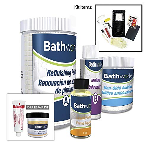 BATHWORKS DIY Combo Kit - WHITE - Chip Repair & Bathtub Refinishing; Non-Slip Protection; Tub; Tile; Shower; Wall Surround; Chip Filler; Crack Repair; Quick 24 hour dry time; High Gloss Resin Finish