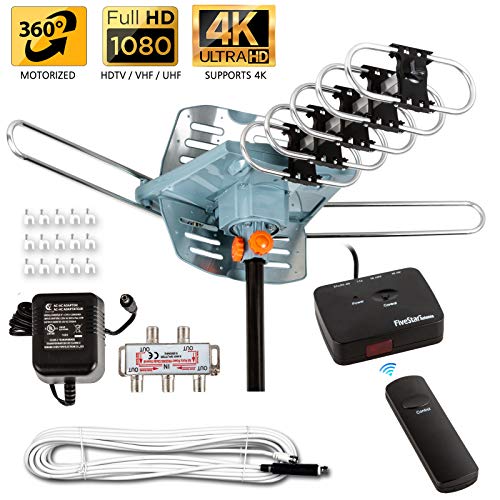 Five Star [Newest 2020] HDTV Antenna Amplified Digital Outdoor Antenna 150 Miles Range, 360 Degree Rotation Wireless Remote, with 40FT Coax Cable Installation Kit Supports 5 TVs