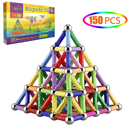 Veatree 150 Pcs Magnetic Building Sticks Blocks Toys, Magnet Educational Toys Magnetic Blocks Sticks Stacking Toys Set for Kids and Adult, Non-Toxic Building Toy 3D Puzzle with Storage Bag