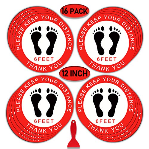 Social Distance Floor Stickers, 12' Round Vinyl Removable Decals,16 Pack Safety Floor Sign Marker, Please Keep 6 Feet Apart Decal, Crowd Control for Guidance, Grocery, Pharmacy, Bank, Lab.Red