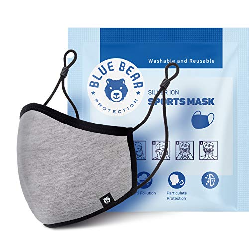 Blue Bear Protection Reusable Sports Face Mask with Adjustable Ear Loop - Single Cotton Face Mask Treated with SILVADUR Antimicrobial Technology (M/L, Gray)